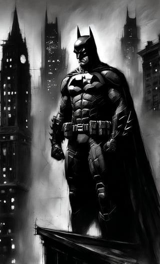 CharcoalDarkStyle, Batman with combat weathered armors suit, top of a building, source_anime, Gotham City, facing fears, splashes of dark black to faint light grey, solo,  Poorly_lit, Dark, Shadows, sadness, confusion, depravade, crawling, begging the skies for help, dark, sketch, drawn with charcoal, monochrome, black and white, (Masterpiece:1.3) (best quality:1.2) (high quality:1.1) 