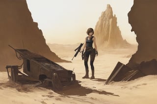 Solo, 1 girl, standing, outdoors, from behind, scenery, machine gun, ruins, skull cave, whirlwind, whirlwind, dust, flying vines, dried up waterway, sand dunes