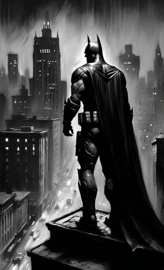 CharcoalDarkStyle, Batman with combat weathered armors suit, top of a building, source_anime, Gotham City, facing fears, splashes of dark black to faint light grey, solo,  Poorly_lit, Dark, Shadows, sadness, confusion, depravade, crawling, begging the skies for help, dark, sketch, drawn with charcoal, monochrome, black and white, (Masterpiece:1.3) (best quality:1.2) (high quality:1.1) 