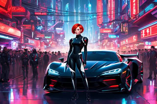 A young woman with short red hair, 21yo, standing next to a vibrant black sports car. She is wearing a futuristic, dark outfit with white accents and a red emblem on her left arm. The backdrop is a bustling urban setting with neon signs, various vehicles, and a dense crowd of people. The atmosphere seems to be that of a cyberpunk city, with a mix of traditional and futuristic elements.