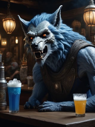 wide shot, best quality, masterpiece, photorealistic, natural skin texture, realistic eye and face details, beautiful shadow, hyperrealism, A lunar pub, where white werewolf patrons howl at the moon while sipping on frothy glasses of blue drink and feasting on juicy, highly detailed, hyper realistic fantasy monster, cyborg style,Leonardo Style,HellAI