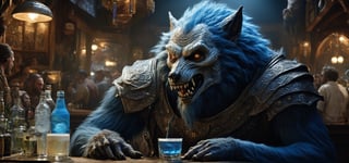 wide shot, best quality, masterpiece, photorealistic, natural skin texture, realistic eye and face details, beautiful shadow, hyperrealism, A lunar pub, where white werewolf patrons howl at the moon while sipping on frothy glasses of blue drink and feasting on juicy, highly detailed, hyper realistic fantasy monster, cyborg style,Leonardo Style,HellAI