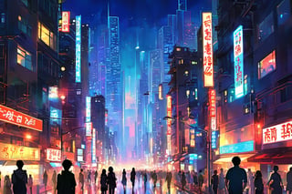 (masterpiece, best quality), (busy city,bustling atmosphere,silhouette of a teenage girl at the top of a building looking down at the street), dusk, neon lights, high-rise buildings, twinkling cityscape, energetic pedestrians, rushing traffic, vibrant colors, urban metropolis, hustle and bustle, modern architecture, skyscrapers, city lights, asphalt roads, flickering street lamps, urban soundscape, blurred motion of cars and people, urban sprawl, city at night, nightlife, teenager's contemplative stance, isolated figure, loneliness in the crowd, ethereal atmosphere, mysterious aura, reflection of city lights on the windows, warm glow of the setting sun, exciting energy, imposing shadows, towering skyscrapers, rebellious spirit, expansive city view, vivid vitality, metropolitan dreamscape, urban exploration, romanticized chaos, captivating skyline, anonymous faces, concrete jungle, raw emotions, inspiring heights, clenched fists, hazy skyline, endless possibilities,Enhanced All,ghibli,cyber