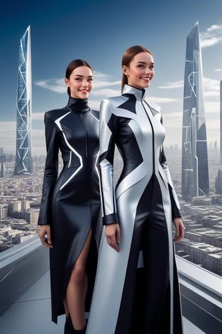 A captivating image of futuristic fashion, featuring models in sleek, high-tech outfits made from innovative materials. The designs should be bold and avant-garde, geometric patterns. The backdrop is a futuristic cityscape with dvanced technology, creating a vision of fashion in the future