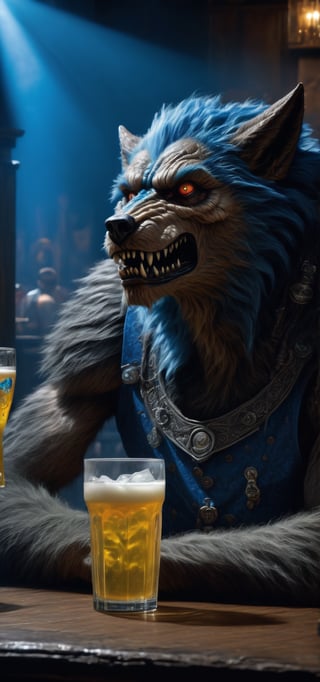 wide shot, best quality, masterpiece, photorealistic, natural skin texture, realistic eye and face details, beautiful shadow, hyperrealism, A lunar pub, where  werewolf patrons howl at the moon while sipping on frothy glasses of blue drink and feasting on juicy, highly detailed, hyper realistic fantasy monster, cyborg style,Leonardo Style,HellAI