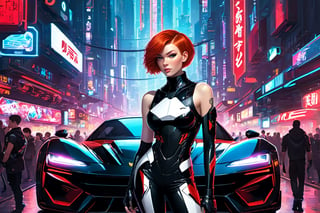 A young woman with short red hair, 21yo, standing next to a vibrant black sports car. She is wearing a futuristic, dark outfit with white accents and a red emblem on her left arm. The backdrop is a bustling urban setting with neon signs, various vehicles, and a dense crowd of people. The atmosphere seems to be that of a cyberpunk city, with a mix of traditional and futuristic elements.