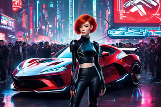 A young woman with short red hair, 21yo, standing next to a vibrant black sports car. She is wearing a futuristic, dark outfit with white accents and a red emblem on her left arm. The backdrop is a bustling urban setting with neon signs, various vehicles, and a dense crowd of people. The atmosphere seems to be that of a cyberpunk city, with a mix of traditional and futuristic elements.