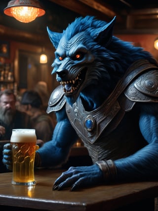 wide shot, best quality, masterpiece, photorealistic, natural skin texture, realistic eye and face details, beautiful shadow, hyperrealism, A spacealien pub, where werewolf patrons howl at the moon while sipping on frothy glasses of blue beer and feasting on juicy, highly detailed, hyper realistic fantasy monster, cyborg style,Leonardo Style,HellAI