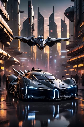 A futuristic hi-tech Batmobile inspired by Bugatti cyberpunk-inspired Starfighter, Matte black and White,   
on the Road in. Cyber city background , at sunset time, side view, symmetrical, 