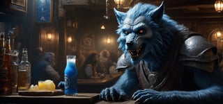 wide shot, best quality, masterpiece, photorealistic, natural skin texture, realistic eye and face details, beautiful shadow, hyperrealism, A lunar pub, where white werewolf patrons howl at the moon while sipping on frothy glasses of blue drink and feasting on juicy, highly detailed, hyper realistic fantasy monster, cyborg style,Leonardo Style,HellAI