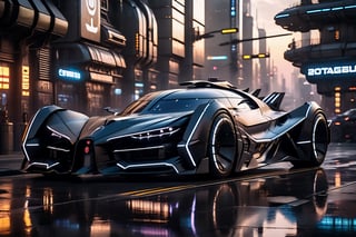 A futuristic hi-tech Batmobile inspired by Bugatti cyberpunk-inspired Starfighter, Matte black and White,   
on the Road in. Cyber city background , at sunset time, side view, symmetrical, 