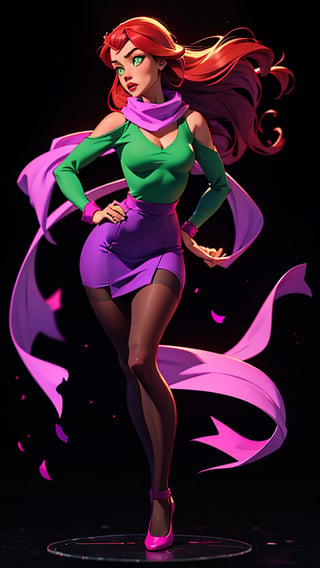 (Black background), 1woman,  daphne Blake from Scooby Doo, Beautiful redhead, hourglass figure and shoulder-length red hair, (purple top dress), pink pantyhose, and purple shoes, plastic purple headband, (green scarf),Masterpiece,daphneb