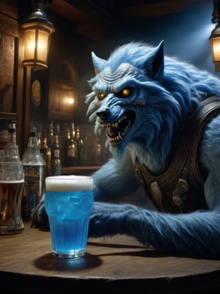 wide shot, best quality, masterpiece, photorealistic, natural skin texture, realistic eye and face details, beautiful shadow, hyperrealism, A lunar pub, where white werewolf patrons howl at the moon while sipping on frothy glasses of blue drink and feasting on juicy, highly detailed, hyper realistic fantasy monster, cyborg style,Leonardo Style,HellAI