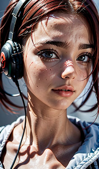 A beautiful italian girl, with red hair,headphones, a beautiful face. against the background of Detroid City