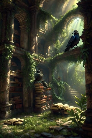 A majestic scene unfolds: a grand library, bathed in warm sunlight streaming through the window, where ancient tomes line the shelves. A lush, overgrown plant grows out of the ruinous stone floor, as if nature is reclaiming this space. Amidst the foliage, a crow perches, its feathers glistening like polished onyx. In the background, a book lies open, its pages rustling softly in the gentle breeze. The 4K resolution captures every intricate detail, from the worn leather spines to the delicate grass blades swaying outside.