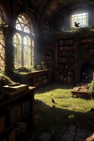 best quality,4k,8k,highres,masterpiece:1.2),ultra-detailed,(realistic,photorealistic,photo-realistic:1.37)day, indoors, book, no humans, window, bird, sunlight, grass, plant, scenery, bookshelf, ruins, crow, library, overgrown