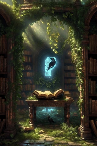 A majestic scene unfolds: a grand library, bathed in warm sunlight streaming through the window, where ancient tomes line the shelves. A lush, overgrown plant grows out of the ruinous stone floor, as if nature is reclaiming this space. Amidst the foliage, a crow perches, its feathers glistening like polished onyx. In the background, a book lies open, its pages rustling softly in the gentle breeze. The 4K resolution captures every intricate detail, from the worn leather spines to the delicate grass blades swaying outside.