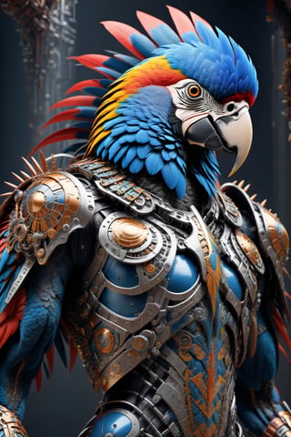 A biotech cyborg man macaw warrior, covered in detailed intricate metallic tech armor, splash art, fractal art, colorful, a winner photo award, detailed photo, Arnold render, 16K,cyborg style,biopunk style, ubicated in a selvatic enviroment