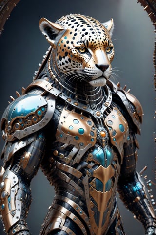 A biotech cyborg man jaguar warrior, covered in detailed intricate metallic tech armor, splash art, fractal art, colorful, a winner photo award, detailed photo, Arnold render, 16K,cyborg style,biopunk style, ubicated in a selvatic enviroment