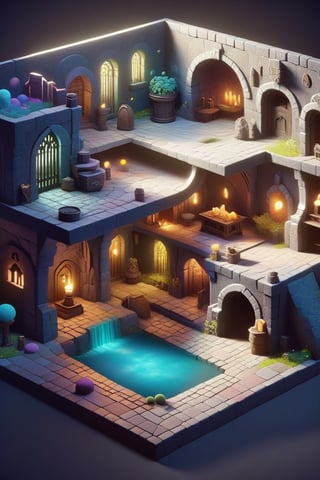 Dungeon game sheet, 3d, isometric, dreamy color palette, inspired by Pixar.”