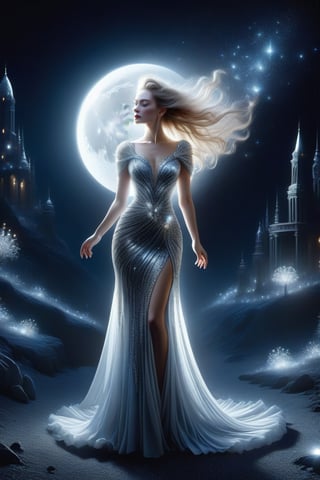 An elegant woman in a dress made of silver and crystals on a dark night with a full moon walking