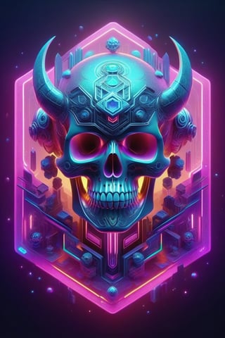 neon metallic futuristic skull game card, 3d, isometric, dreamy color palette, inspired by Pixar.”