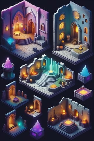 Dungeon game sheet, 3d, isometric, dreamy color palette, inspired by Pixar.”