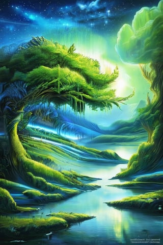 bright painting of a tree with stars in the sky, in the style of dreamlike fantasy creatures, multilayered dimensions, swirling vortexes, realistic color schemes, dark green and light blue