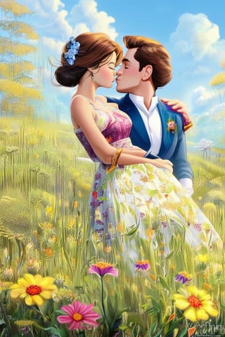 Romance illustration, a couple sharing a passionate kiss, romance book, Wild west, set against a blooming field of flowers and the gentle breeze