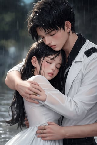 1girl, long hair, short hair, shirt, black hair, long sleeves, 1boy, dress, jewelry, closed eyes, upper body, short sleeves, hetero, earrings, parted lips, white dress, lips, black jacket, wet, hug, ring, couple, rain