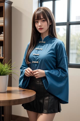 High Quality, Lossless, Clean, Raw, High Quality, Lossless, Clean, Raw, HD, girl, alone, clear lights, bangs in her hair, blue eyes, beautiful girl, perfect body, Color Booster,Realism, 1girl, solo, long hair, looking at viewer, skirt, black hair, hair ornament, long sleeves, standing, flower, indoors, wide sleeves, book, window, chinese clothes, table, plant, book stack, poakl, ,photorealistic