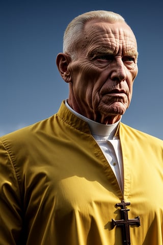 old_man, old_male, masculine, muscular, short_hair, white_hair, yellow_eyes, fantasy_clothes, polish_clothes, noble_clothes, close_up, priest, warrior, slim, thin, praying, plain_clothes, loose_clothes, black_and_white_clothes, poland, upper_half, pucci, priest_clothes, ponytail,photorealistic,poakl