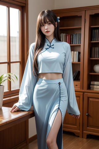 High Quality, Lossless, Clean, Raw, High Quality, Lossless, Clean, Raw, HD, girl, alone, clear lights, bangs in her hair, blue eyes, beautiful girl, perfect body, Color Booster,Realism, 1girl, solo, long hair, looking at viewer, skirt, black hair, hair ornament, long sleeves, standing, flower, indoors, wide sleeves, book, window, chinese clothes, table, plant, book stack, poakl, 