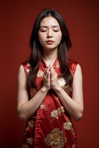 A Chinese ancient beauty is praying, with hands clasped together, eyes closed in silence, wearing a solemn yet beautiful expression, Red Background