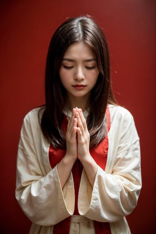 A Chinese ancient beauty is praying, with hands clasped together, eyes closed in silence, wearing a solemn yet beautiful expression, Red Background