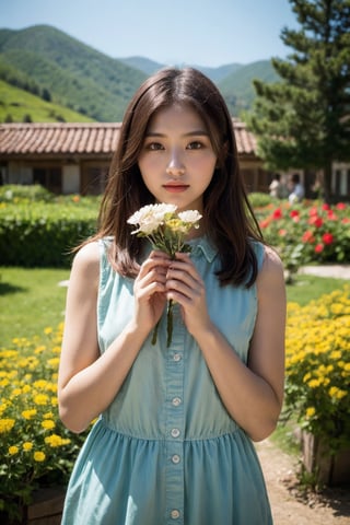 Beautiful girl holding flower village 