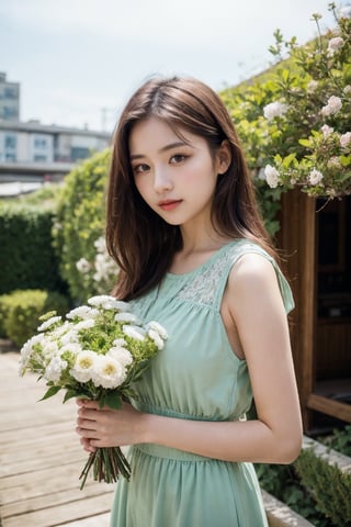 Beautiful girl holding flower village 