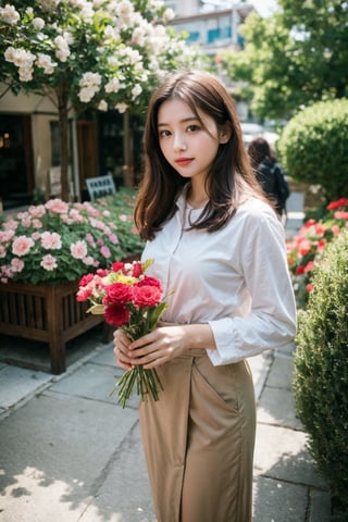 Beautiful girl holding flower village 