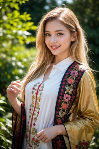 1girl, Beautiful young woman, blonde, smiling, (in beautiful Ukrainian national costume embroidery ornament white, black), sunny day, botanical garden, realistic