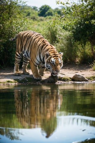 (best quality, masterpiece, ultra-detailed, 32k:1.2), wildlife photography editorial, a tiger drinking from a river, crystal clear water, vivid reflections, looking at the photographer, natural light, glittery