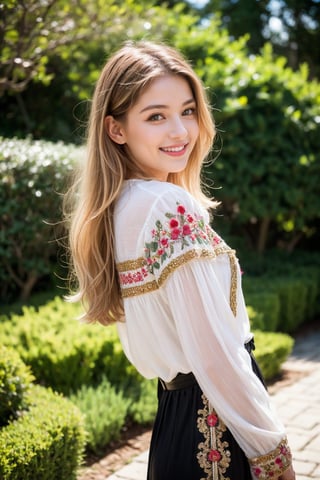 1girl, Beautiful young woman, blonde, smiling, (in beautiful Ukrainian national costume embroidery ornament white, black), sunny day, botanical garden, realistic