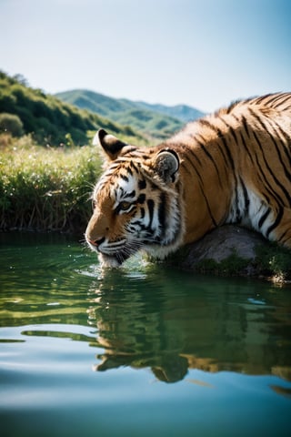 (best quality, masterpiece, ultra-detailed, 32k:1.2), wildlife photography editorial, a tiger drinking from a river, crystal clear water, vivid reflections, looking at the photographer, natural light, glittery