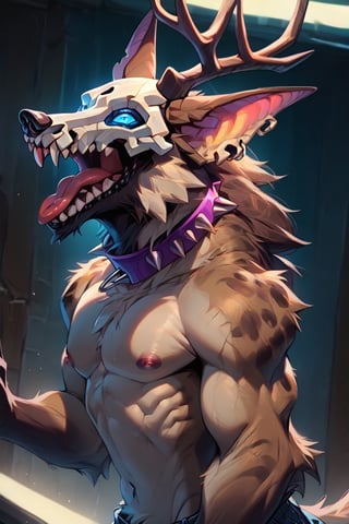 score_9, score_8_up, score_7_up, score_6_up, score_5_up, source_cartoon, BREAK,(warcrft gnoll male,,Hyena, jackal,Spotted skin,DJ,Tongue flick:Hogger from warcraft,Jeans:1.3),solo,big body,furry,datk fur,bucktooth,collar,opened mouth,(jackal ears, a wolf skull for a head and antlers,wolf skull mask:1.6) ,big hair,cyberpunk,crazy,black mouth,(The DJ is spinning at the bar,This gnoll has a pronouncedly large and arched back, giving it a hunched and robust appearance:1.5),DJ Lovin'U,black cyberpunk glasses,Can't see eyes with glasses,big earphone,bar background,CyberPunkAI,Male: hyena-like, fur, fangs, scars, studded leather armor, obesity,bone jewelry. , masterpeice, detailed, intricated details, 8k, ultraclear,detailed scene, detailed faces, ,More Reasonable Details,fullBody,gnoll,tag score