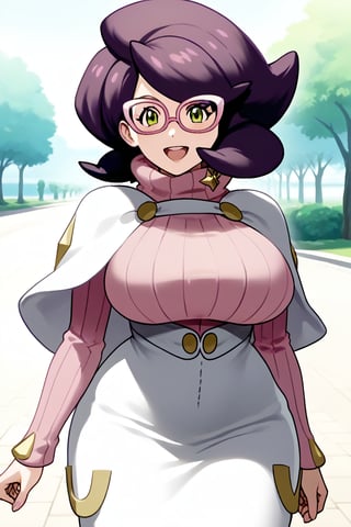 source_anime, masterpiece, best quality, solo, 1girl, wicke \(pokemon\), green eyes, purple hair, short hair, big hair, glasses, pink-framed eyewear, looking at viewer, outdoors, day, huge breasts, open mouth, park, light smile, happy, standing, seductive_pose, narrow_waist, slim, skirt, long sleeves, boots, sweater, turtleneck, thigh boots, white footwear, white skirt, ribbed sweater, turtleneck sweater, viewed_from_side, official_art, official_art_style, official_style, anime screencap