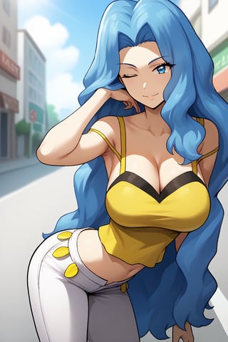 source_anime, masterpiece, best quality, solo, 1girl, pkmnKaren, very long hair, blue hair, outdoors, day, large breasts, closed mouth, street, light smile, happy, standing, seductive_pose, narrow_waist, slim, veiny breasts, yellow tank top, midriff, white pants, cleavage, viewed_from_side, wink, leaning_forward, hanging_breasts