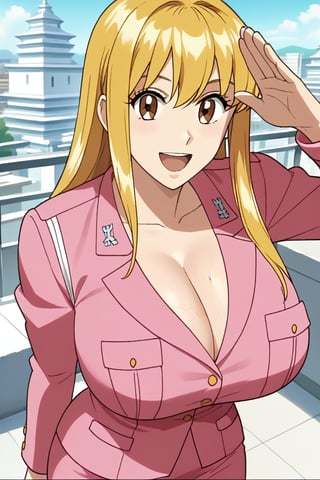 source_anime, masterpiece, best quality, solo, 1girl, kochikame_akimoto_reiko, hair_between_eyes, bangs, blonde hair, long_hair, collarbone, looking at viewer, outdoors, day, huge breasts, open mouth, city, light smile, happy, standing, seductive_pose, narrow_waist, slim, veiny breasts, pink uniform, pink suit, pink skirt, cleavage, pencil skirt, official_art, official_art_style, official_style, anime screencap, salute, view_from_above, side_view