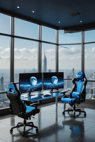 A gaming room has to be prepared, it should be transparent and there should be glass walls as well. The outside view should look like the city of England, which should also be in blue light and there should be two unique types of lions inside the gaming room. The height of the chair should also be the same and the chair should also be lightweight and there should be a glass table in front in which two laptops should be kept, whose color should be white and blue.
There should be a very big gaming display in which very big buildings should be seen and the blue sky should be visible in which the picture of the moon should also be visible and in front of the gaming screen there should be two unique types of chairs in high weight, in it there should be a picture of a good building on the display in which the color should be blue, the color of the gaming display should also be blue and the room inside should be dark and the wall of the room should be made of glass.