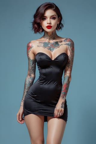 HD Quality? 8K A create sexy tattooed girl big height and long lag but dress are mini dress createed red lipstick 