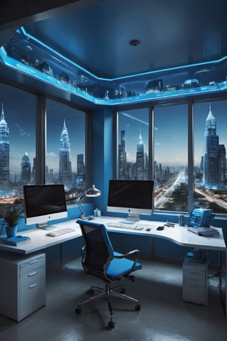 Create a unique office and furant side show a futuristic unique city light colour blue 