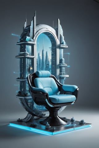 A create futuristic city with unique building display with chair light blue colour 